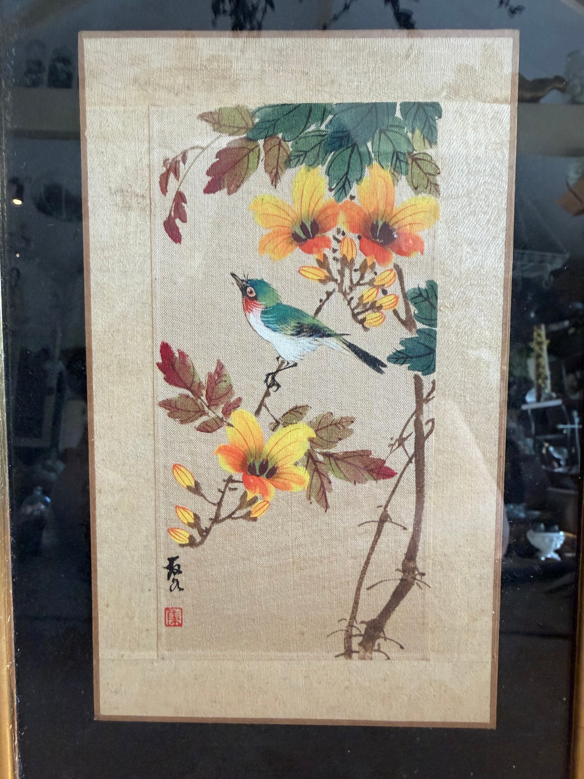 Chinees schilderij zijde, vintage schilderij vogel, bloemen op zijde, Oosters kunstwerk, Aziatische wanddecoratie, ingelijst zijdeschilderij, Sofia&