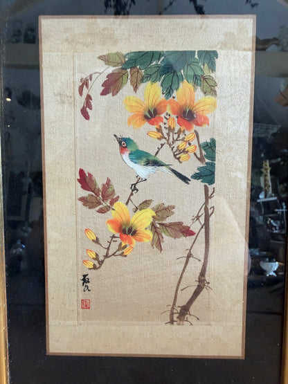 Chinees schilderij zijde, vintage schilderij vogel, bloemen op zijde, Oosters kunstwerk, Aziatische wanddecoratie, ingelijst zijdeschilderij, Sofia&