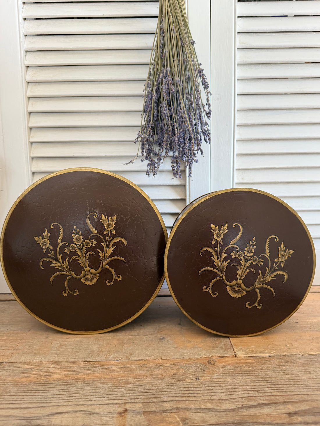 Vintage metalen opbergdozen, handbeschilderde opbergdoos, vintage blik met deksel, bruine mealen opbergdozen, decoratieve opbergdoos, Sofia&