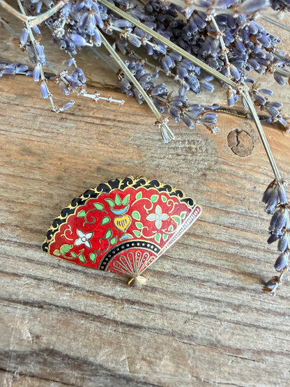 Vintage waaier broche - emaille, vintage sieraden, vintage broche,vintage broche rood, Sofia&
