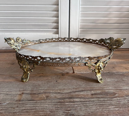 Antiek dienblad met marmer. Vintage dienblad. Schaal met marmer.