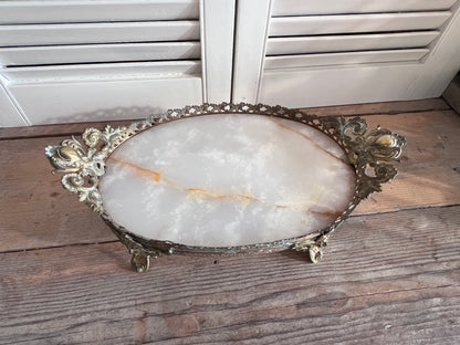 Antiek dienblad met marmer. Vintage dienblad. Schaal met marmer.