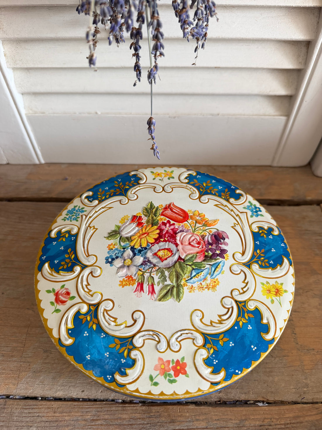 Huntely and Palmers koektrommel, Vintage engels blik, vintage bloemenblik, oude koektrommel, Huntley and Palmers biscuits, jaren 60 blik, Sofia&
