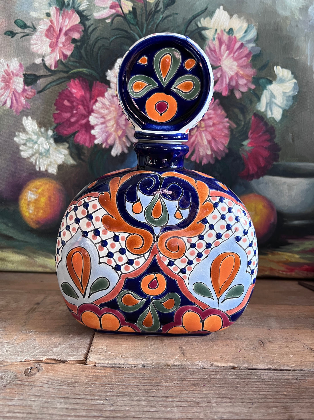 Tequila karaf, Los Azulejos karaf, handbeschilderde karaf, aardewerk karaf, Mexicaanse volkskunst, handgemaakte tequila karaf, traditionele Mexicaanse karaf, aardewerk tequila karaf, unieke karaf, authentieke Mexicaanse decoratie