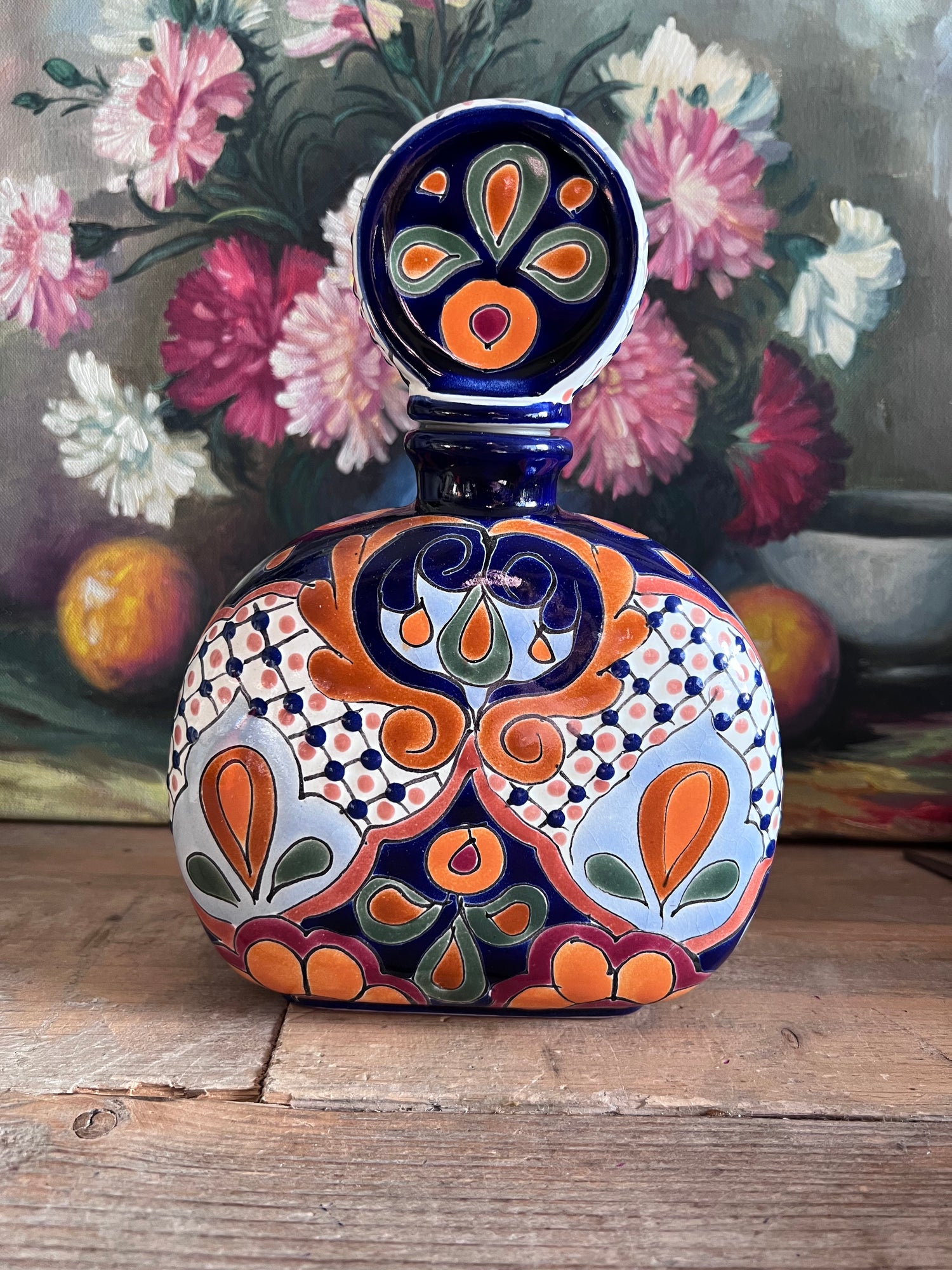 Tequila karaf, Los Azulejos karaf, handbeschilderde karaf, aardewerk karaf, Mexicaanse volkskunst, handgemaakte tequila karaf, traditionele Mexicaanse karaf, aardewerk tequila karaf, unieke karaf, authentieke Mexicaanse decoratie