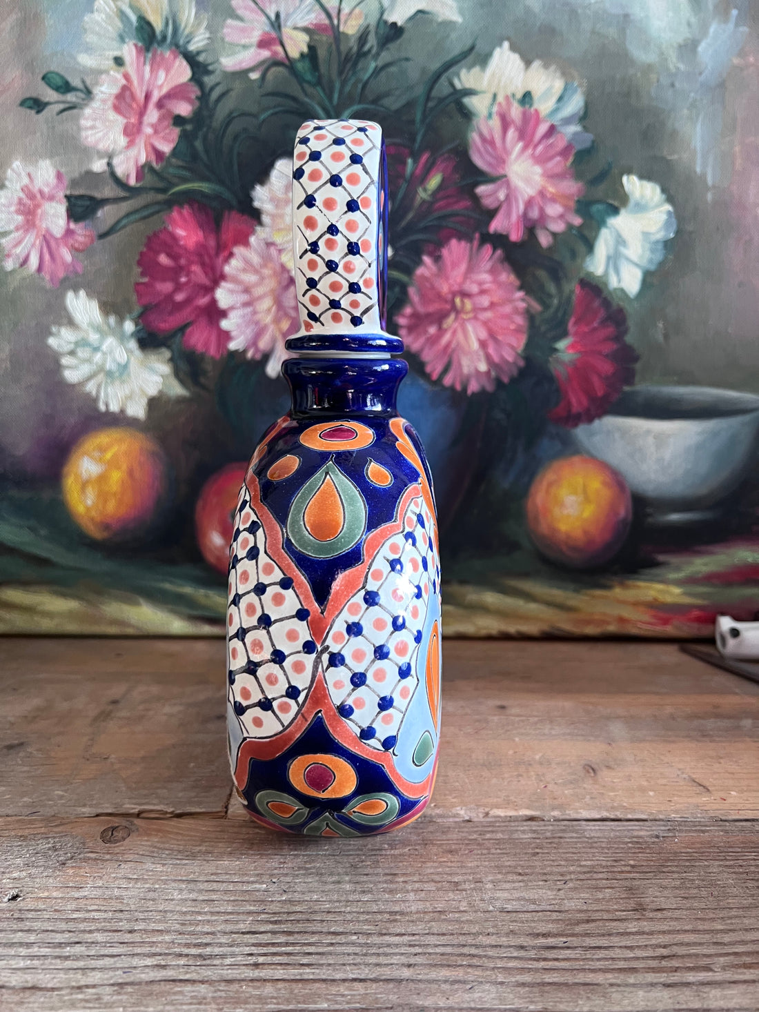 Tequila karaf, Los Azulejos karaf, handbeschilderde karaf, aardewerk karaf, Mexicaanse volkskunst, handgemaakte tequila karaf, traditionele Mexicaanse karaf, aardewerk tequila karaf, unieke karaf, authentieke Mexicaanse decoratie