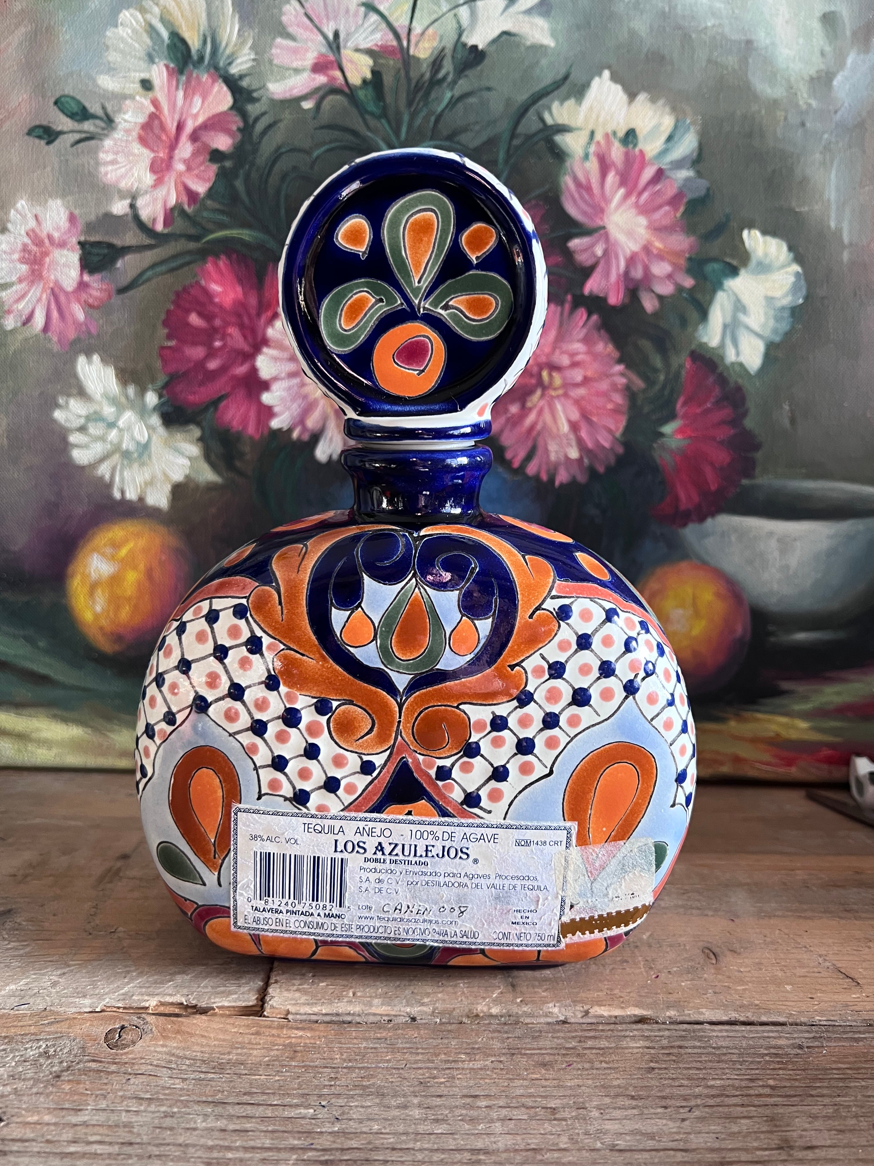 Tequila karaf, Los Azulejos karaf, handbeschilderde karaf, aardewerk karaf, Mexicaanse volkskunst, handgemaakte tequila karaf, traditionele Mexicaanse karaf, aardewerk tequila karaf, unieke karaf, authentieke Mexicaanse decoratie