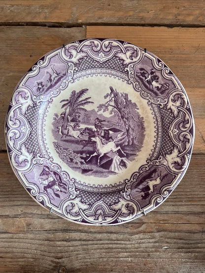 antiek bord Petrus Regout, aardewerk bord antiek, Petrus Regout bord Lasso decor, antiek paars bord Mulberry, vintage Petrus Regout servies, 19e eeuw aardewerk bord, decoratief antiek bord