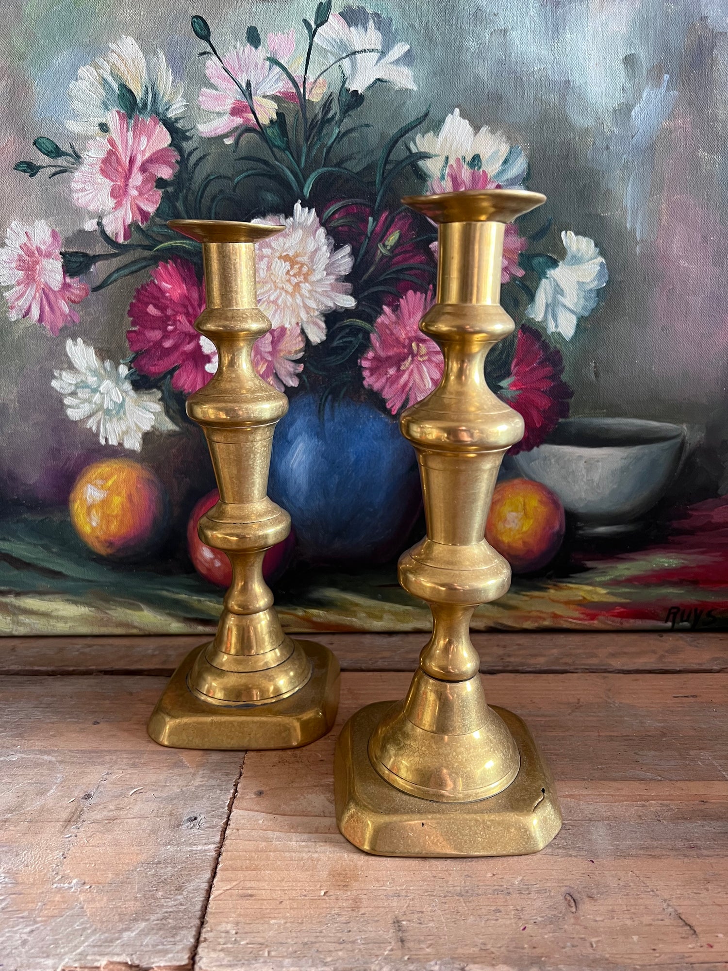 
antieke messing kandelaren, vintage kaarsenhouders, antiek messing kandelaar set, kaarsenhouders rond 1900, authentieke antieke kandelaar, messing kandelaars kopen