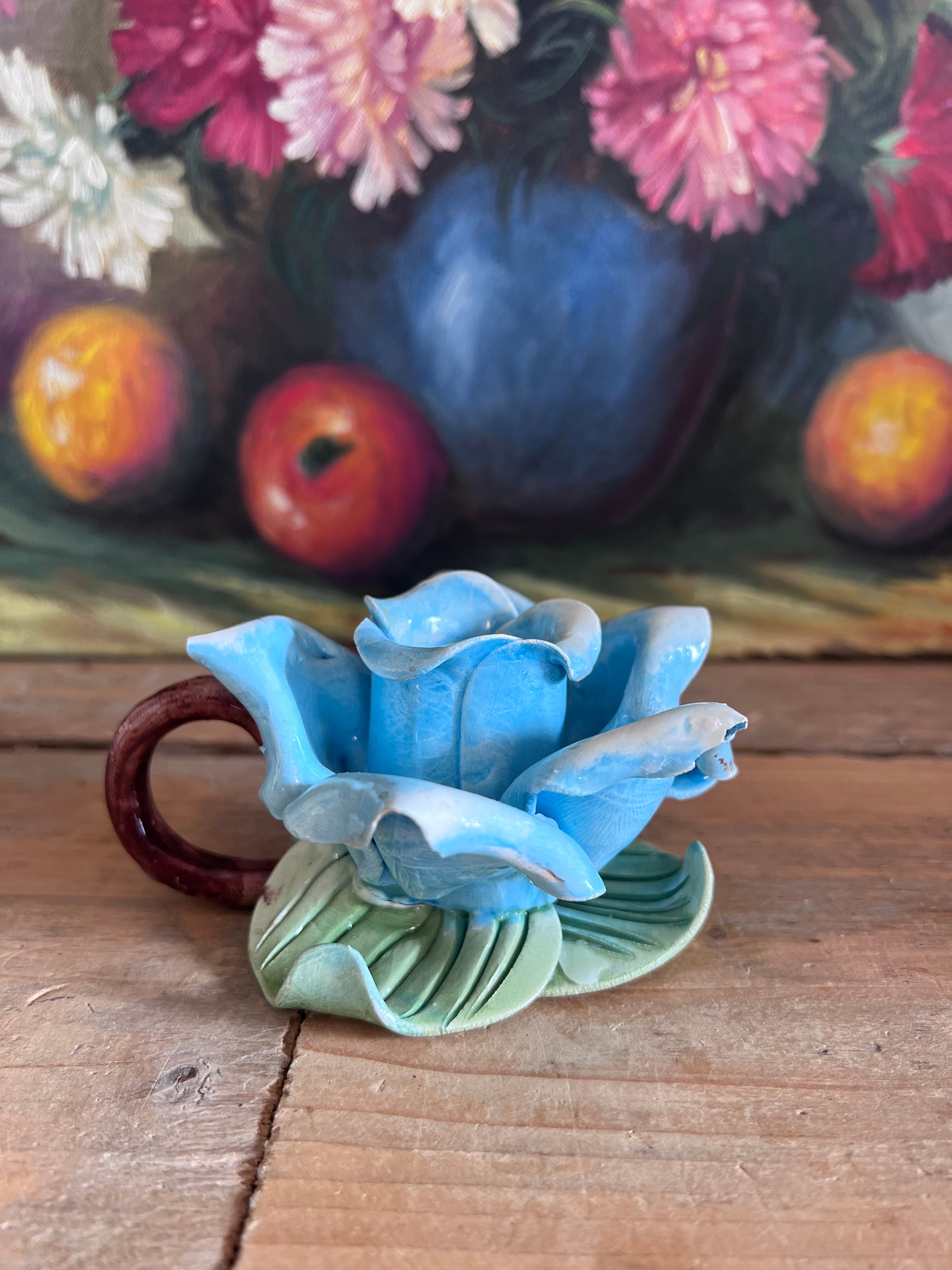 Blauwe roos kandelaar - Capodimonte Bassano