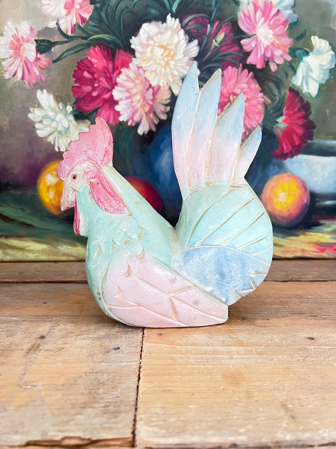 Houten haan in pastelkleuren, jaren 90 houtsnijwerk haan