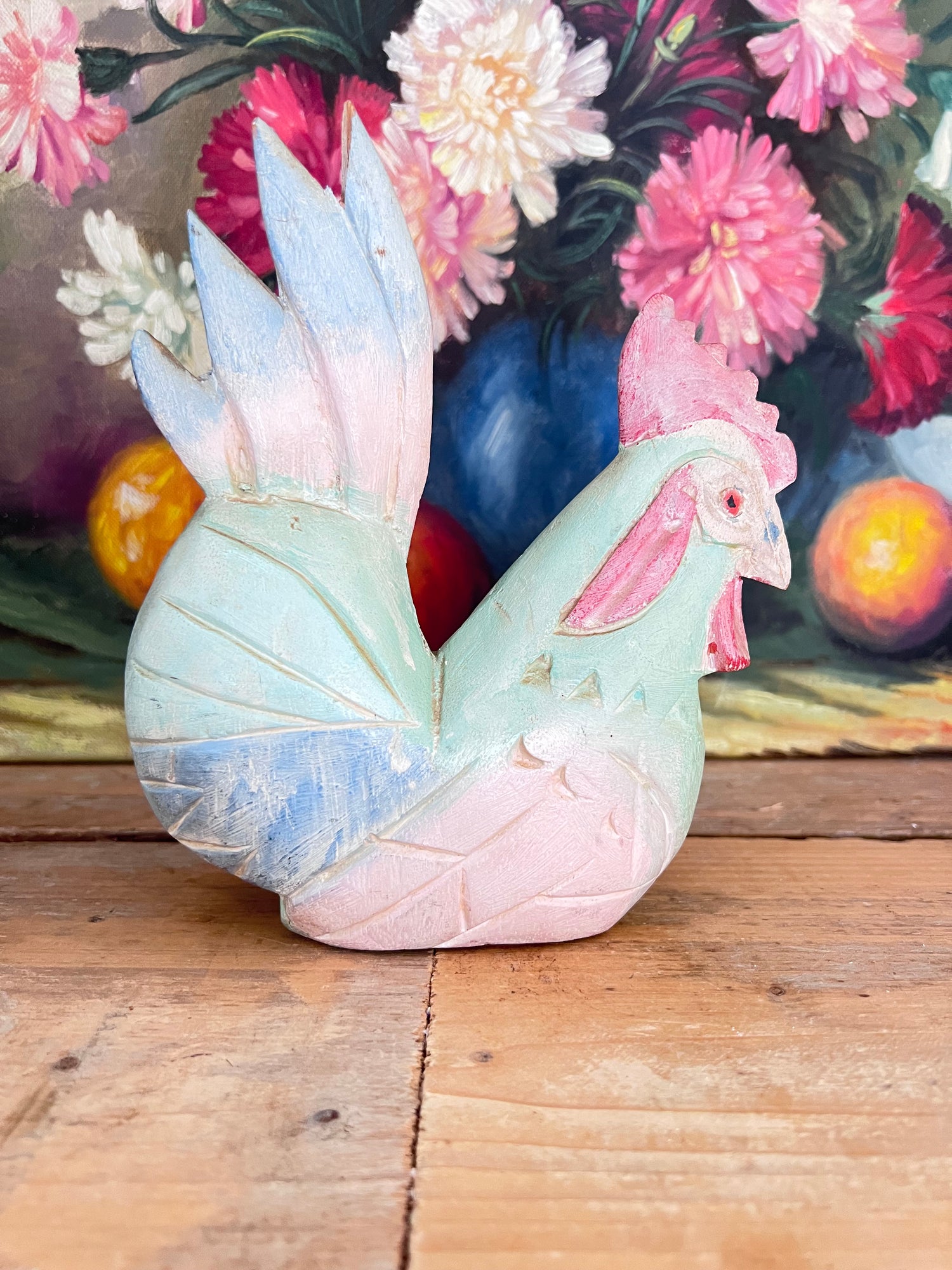 Houten haan in pastelkleuren, jaren 90 houtsnijwerk haan