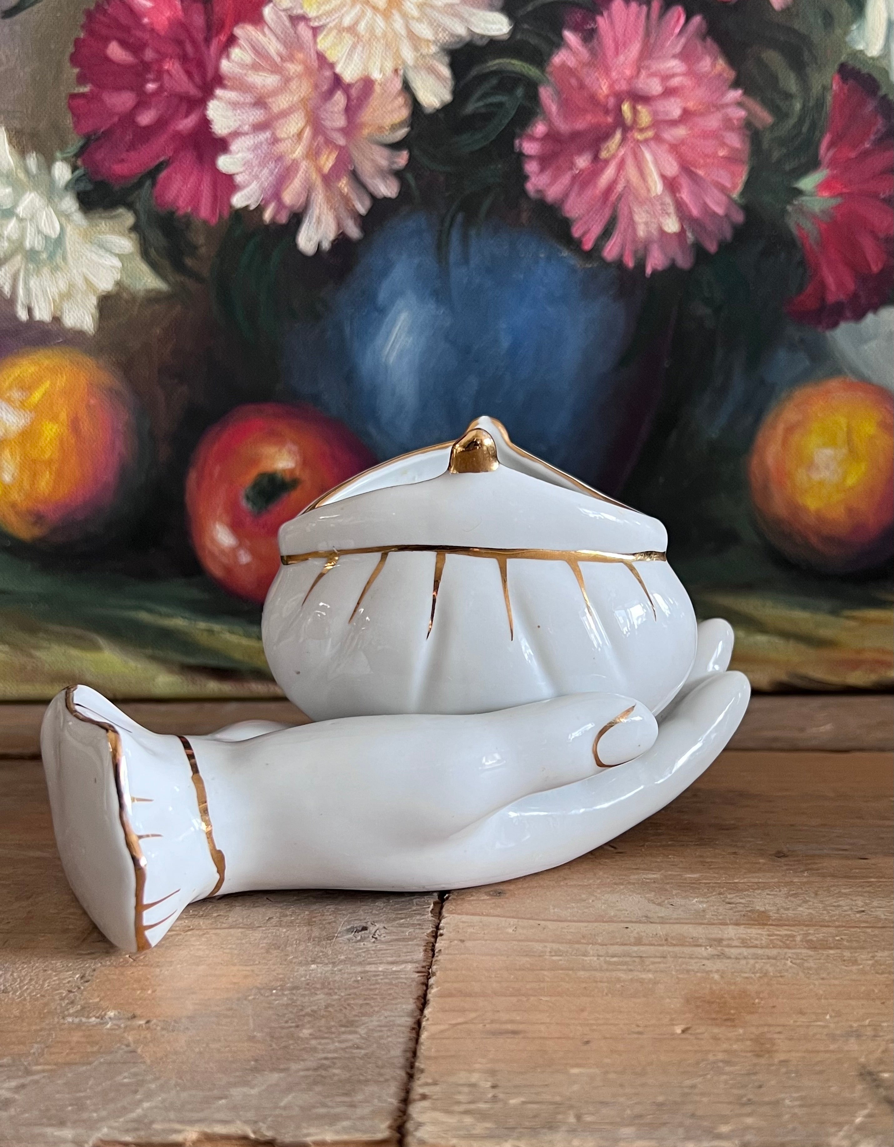 jaren 70 vide poche, porseleinen vide poche, vintage vide poche hand, decoratief opbergdoosje, handvormige vide poche, vintage porselein.