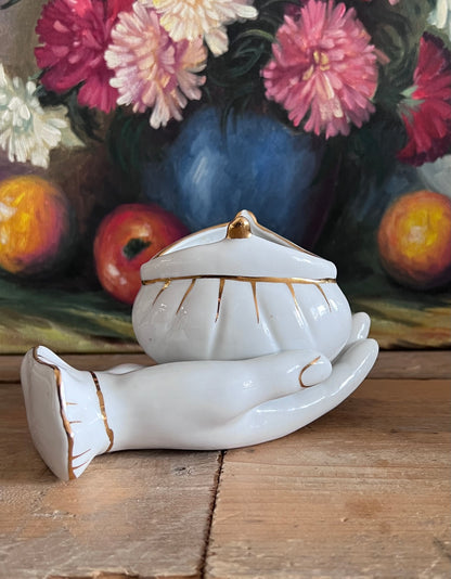 jaren 70 vide poche, porseleinen vide poche, vintage vide poche hand, decoratief opbergdoosje, handvormige vide poche, vintage porselein.