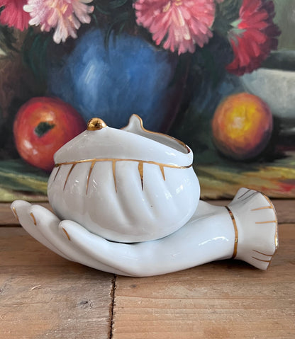 jaren 70 vide poche, porseleinen vide poche, vintage vide poche hand, decoratief opbergdoosje, handvormige vide poche, vintage porselein.