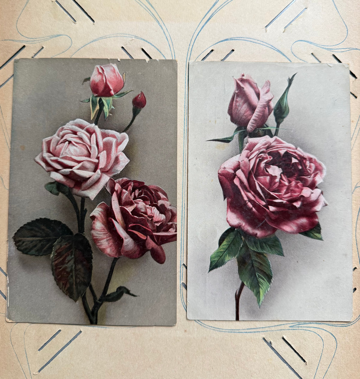 Antieke ansichtkaarten met rozen, rozenkaarten, postkaarten, chromolithografie kaarten, Sofia&