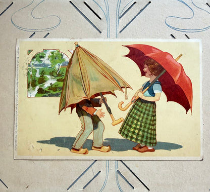 Antieke ansichtkaart, Jugendstil ansichtkaart, oude prentbriefkaart, Meissner und Buch Leipzig, Regen und Sonnenschein, kinderen met paraplu, Duitse ansichtkaart 1900, nostalgische kinderkaart, vintage postkaart, antieke kaarten verzamelen, Sofia&