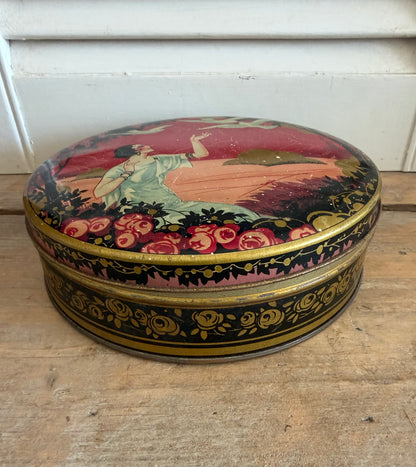 vintage blik, oud rond blik, Art Deco blik, blikken trommel, vintage bewaarblik, blik met dame, romantisch vintage, brocante woonaccessoires, verzamelblik, Sofia&