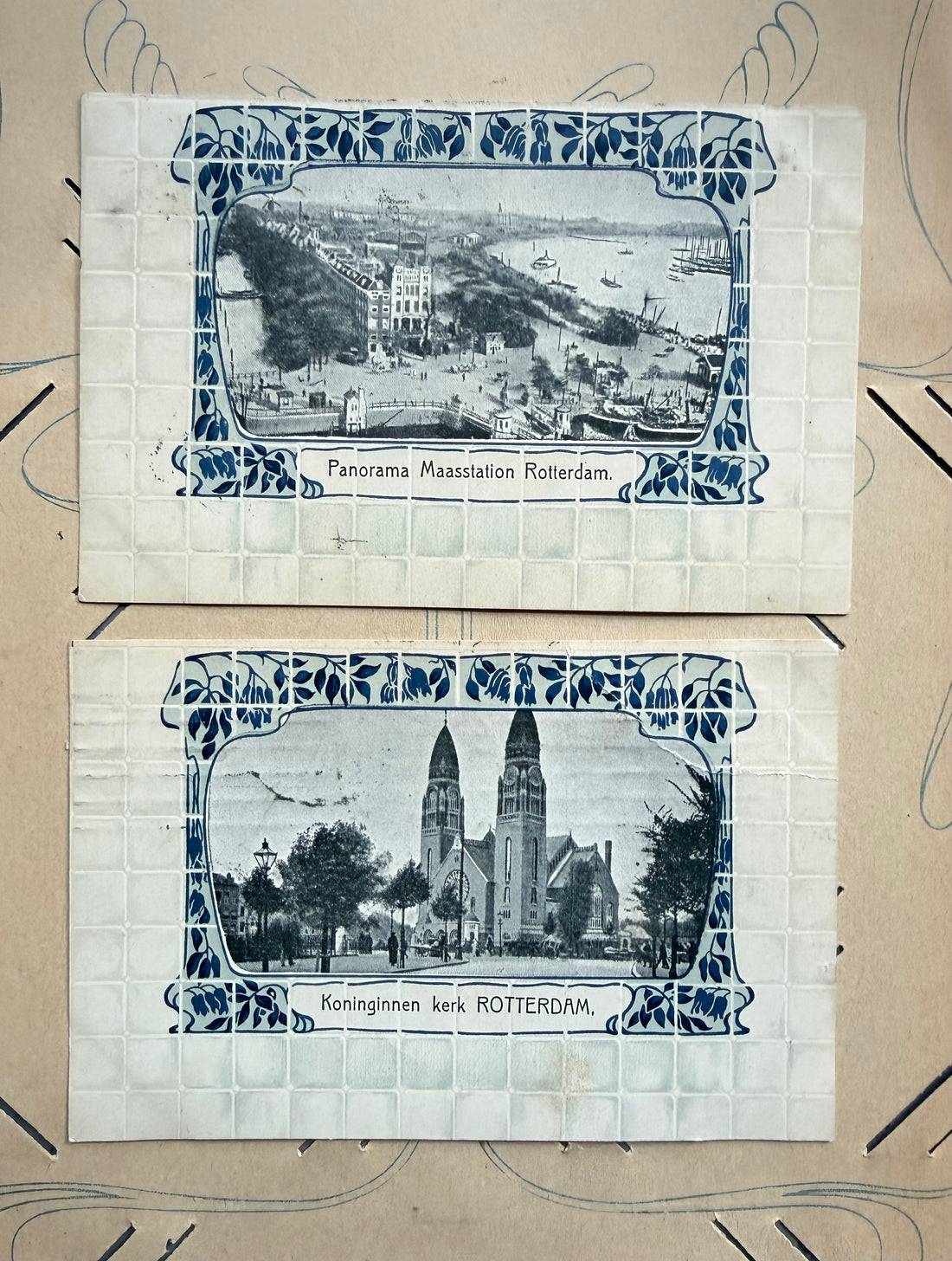 antieke ansichtkaarten Rotterdam, Koninginnenkerk Rotterdam, Maasstation Rotterdam, historische postkaarten, Jugendstil ansichtkaarten, Art Nouveau postkaarten, Delftsblauw, antieke topografische kaarten, Rotterdam 1908, Sofia&
