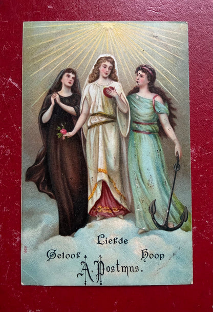 antieke religieuze ansichtkaart, hoop geloof liefde kaart, religieuze ephemera, oude katholieke ansichtkaart, Sofia&