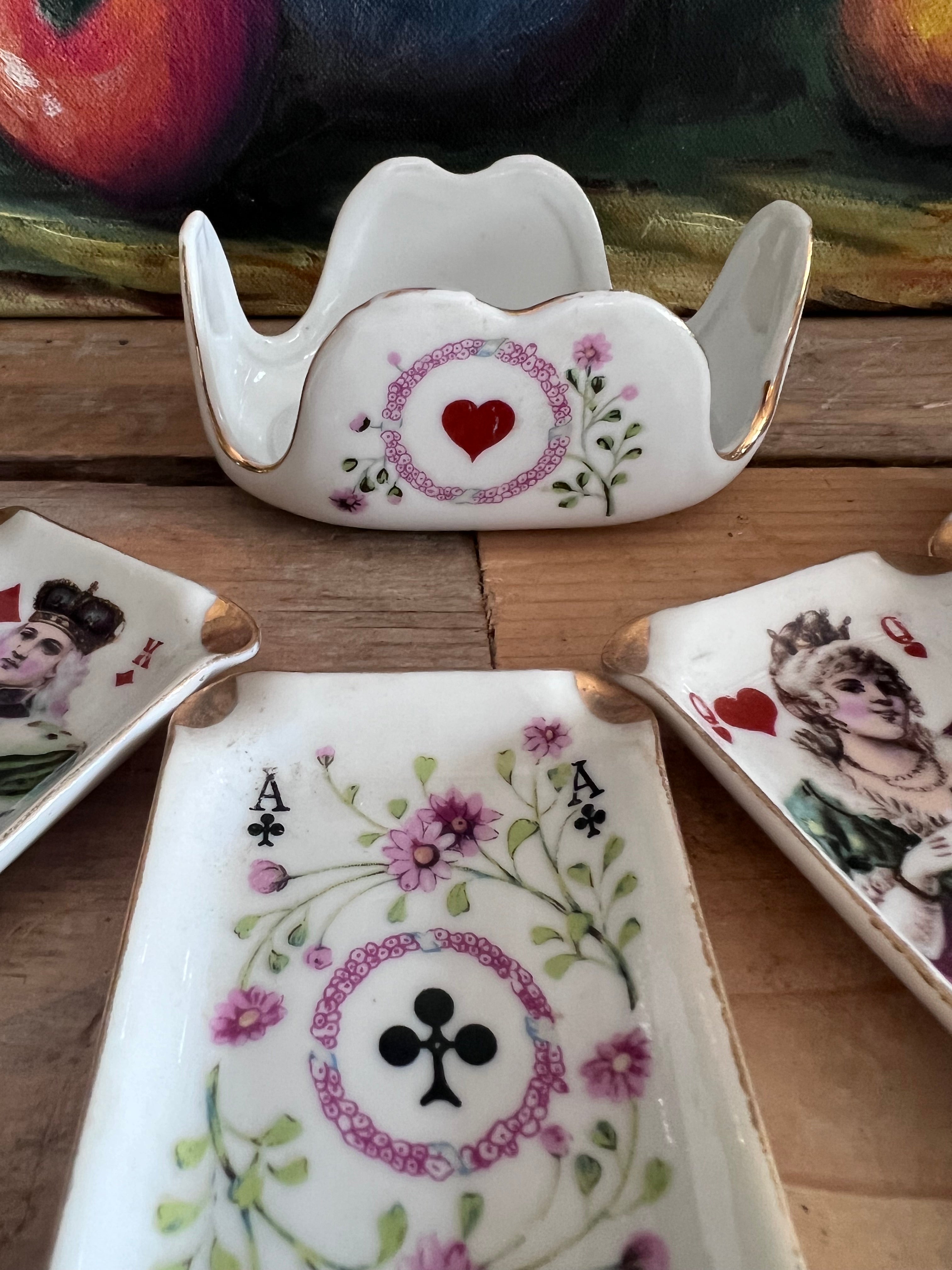 speelkaart bakje porselein, bridge bakjes met houder, porseleinen kaartspel organizer, kaartspelaccessoires, bridge accessoires porselein, stijlvolle kaartspel houder, cadeau voor kaartliefhebber