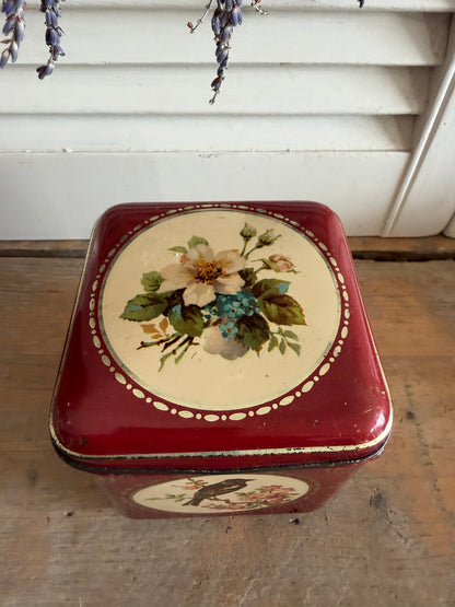Vintage blik, rood voorraadblik, blikje met vogeltjes, made in Holland blik, brocante blikje, Sofia&
