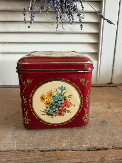 Vintage blik, rood voorraadblik, blikje met vogeltjes, made in Holland blik, brocante blikje, Sofia&