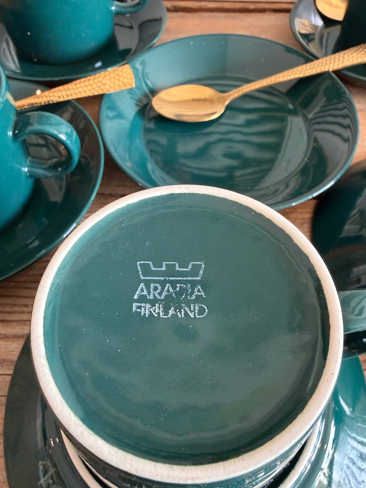 Arabia Finland Teema, vintage Arabia servies, Kaj Franck, Scandinavisch design, petrolgroene kopjes, Fins keramiek, vintage kop en schotels, Sofia&