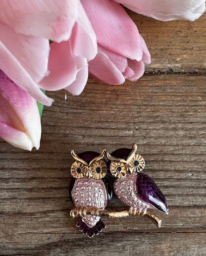 
vintage uilen broche, geemailleerde broche, paarse broche, strass sieraden, dierensieraden vintage, unieke broche uil, opvallende sieraden, vintage accessoires