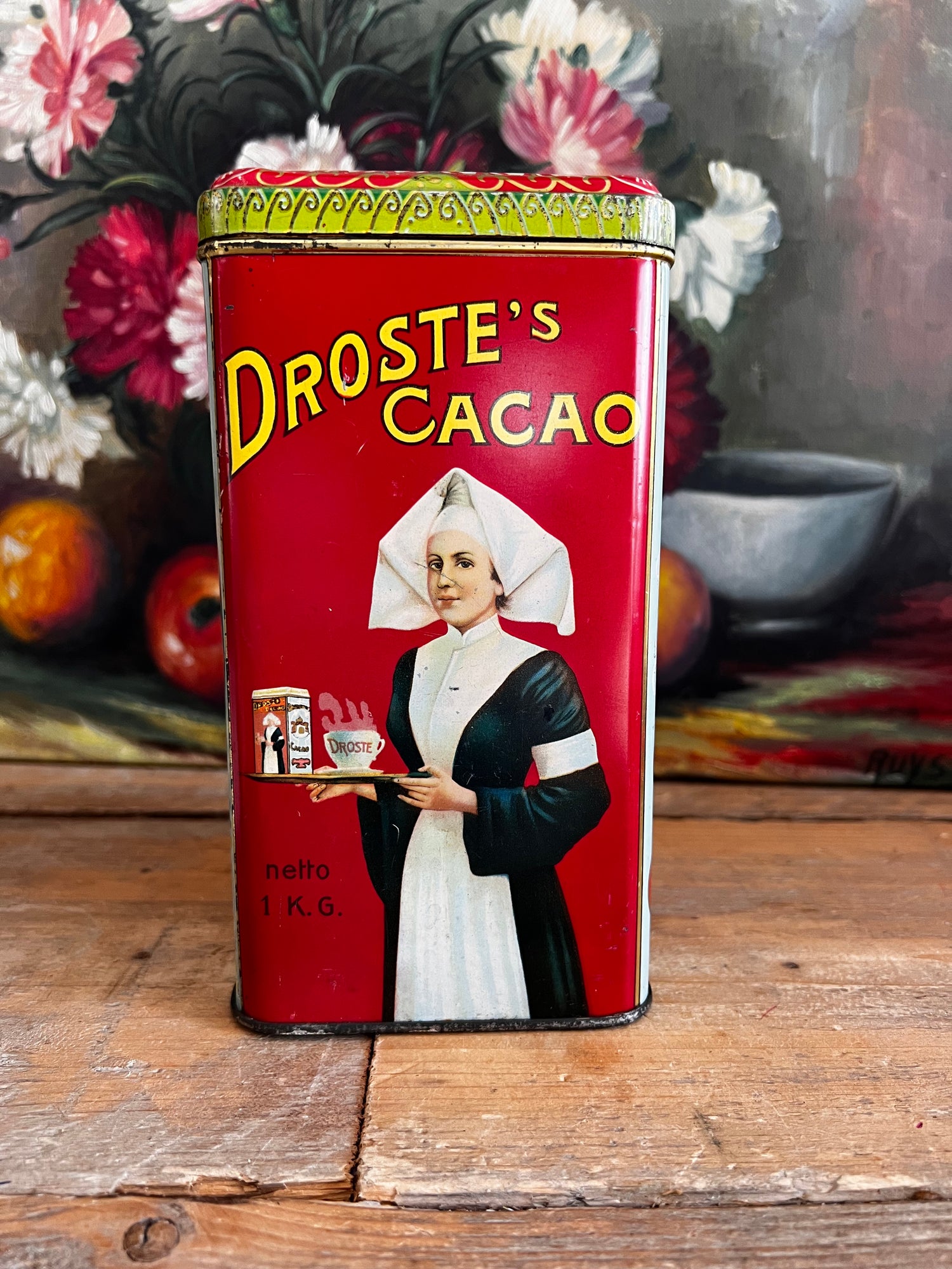 vintage Droste blik, Droste cacaopoeder blik, oud cacaoblisteren, 1 kg blik, retro verpakkingen, vintage cacaoblister, collectorsitem blik, tweedehands Droste blik