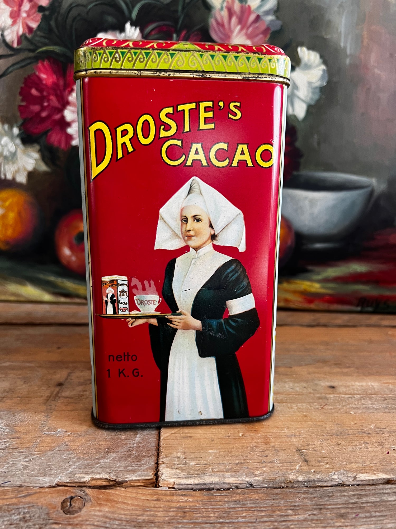 intage Droste blik, Droste cacaopoeder blik, oud cacaoblisteren, 1 kg blik, retro verpakkingen, vintage cacaoblister, collectorsitem blik, tweedehands Droste blik