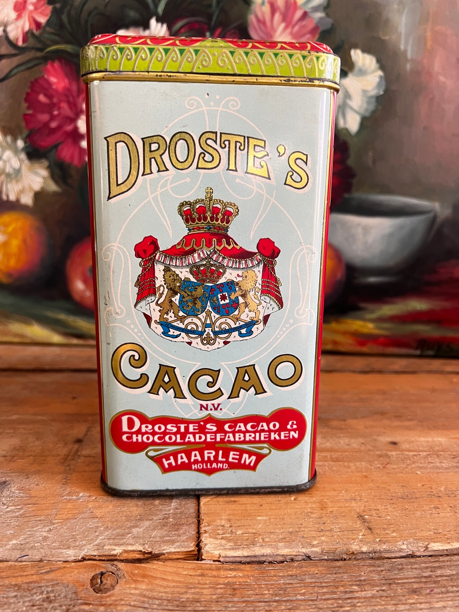 vintage Droste blik, Droste cacaopoeder blik, oud cacaoblisteren, 1 kg blik, retro verpakkingen, vintage cacaoblister, collectorsitem blik, tweedehands Droste blik