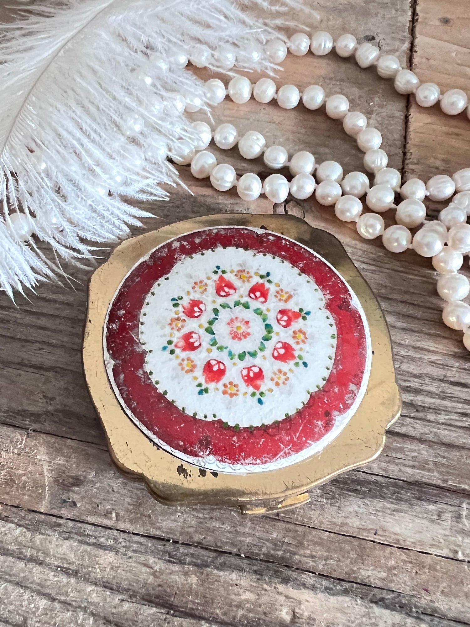 poederdoos, vintage poederdoos, vierkante poederdoos, porselein ingelegd, retro make-up doos, compacte poederdoos, beauty accessoires vintage.