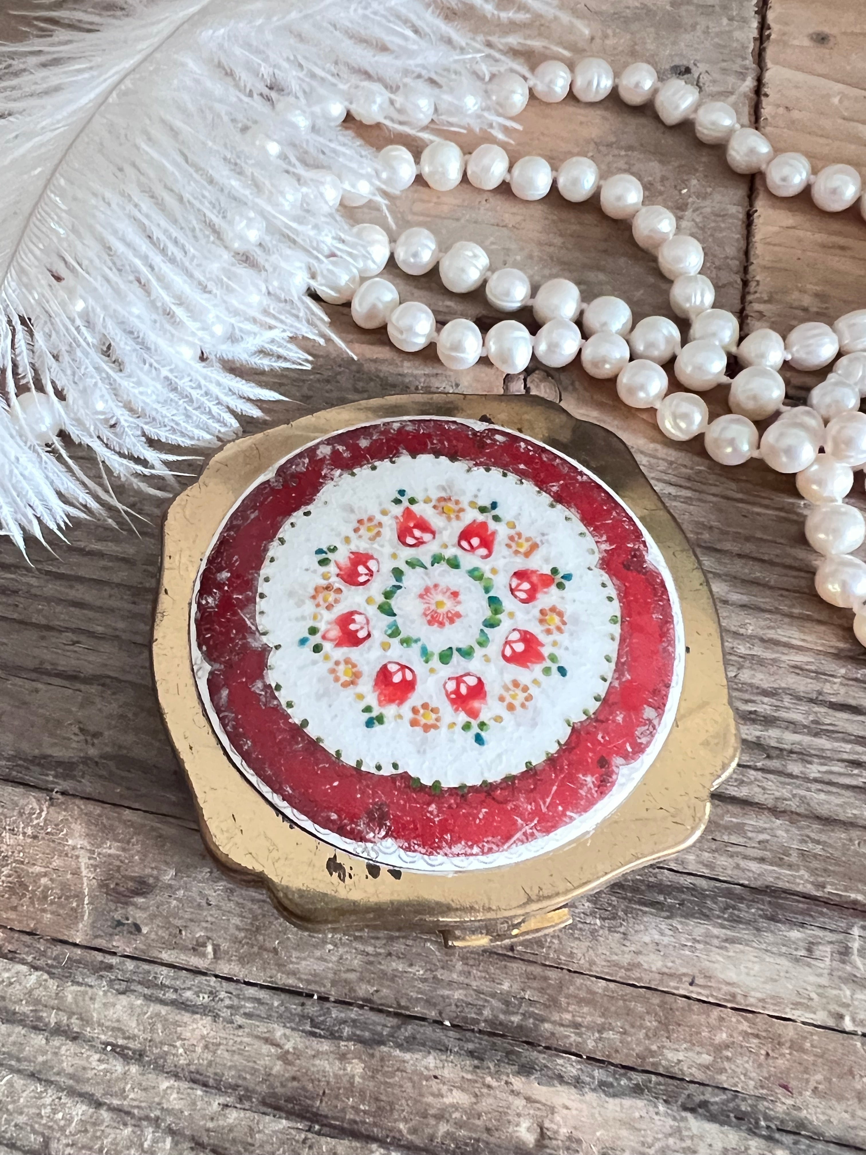 poederdoos, vintage poederdoos, vierkante poederdoos, porselein ingelegd, retro make-up doos, compacte poederdoos, beauty accessoires vintage.