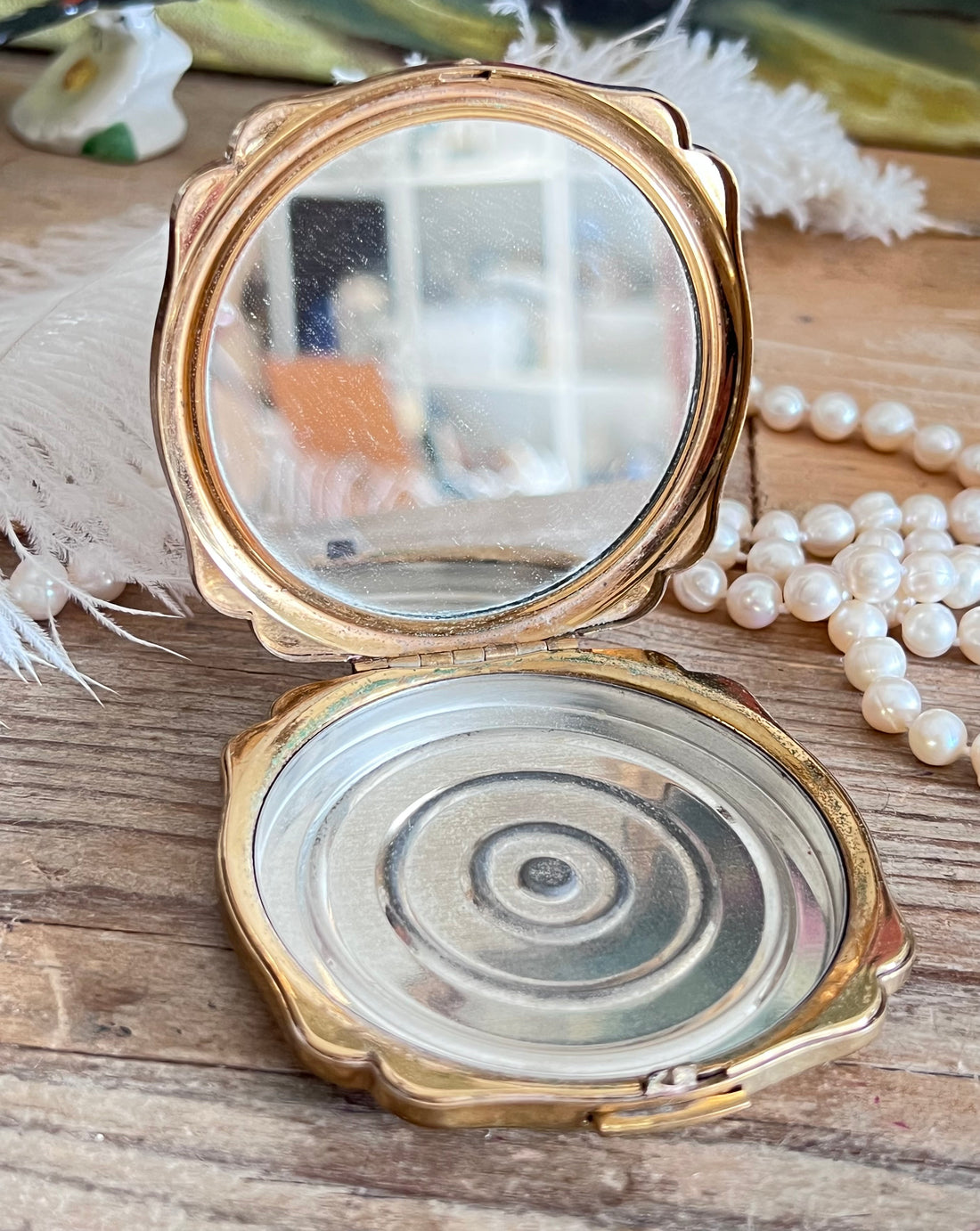 poederdoos, vintage poederdoos, vierkante poederdoos, porselein ingelegd, retro make-up doos, compacte poederdoos, beauty accessoires vintage.