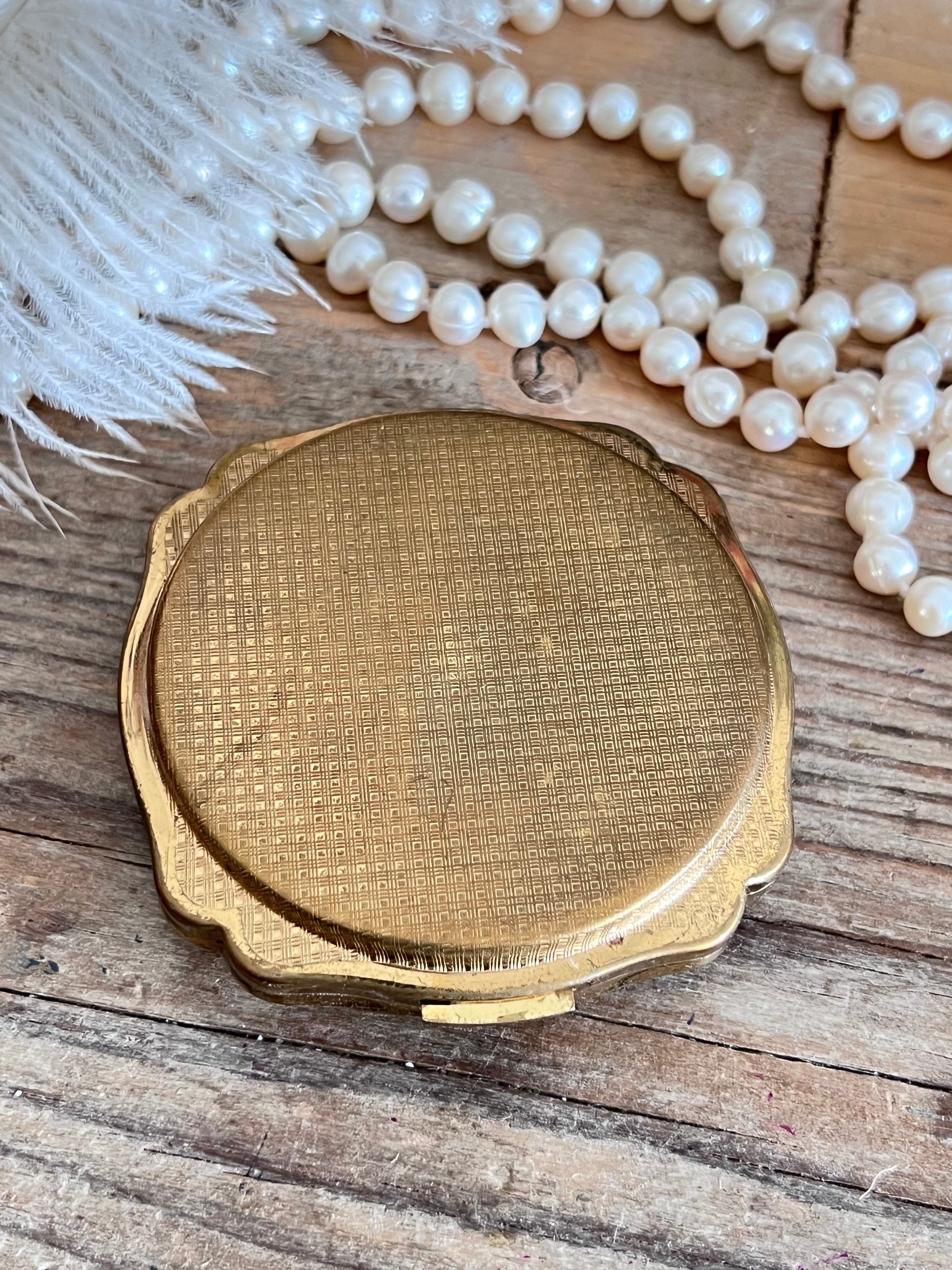 poederdoos, vintage poederdoos, vierkante poederdoos, porselein ingelegd, retro make-up doos, compacte poederdoos, beauty accessoires vintage.