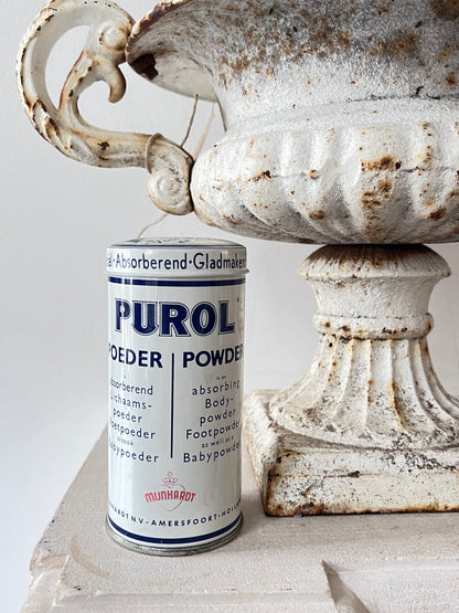vintage Purol talkpoeder blikje, Purol blikje gevuld, retro talkpoeder blikje, vintage cosmetica blikje, oude Purol verpakking, vintage beauty verzamelen, nostalgisch talkpoeder blik, Purol talkpoeder collector item, vintage badkamerdecor, retro verzorgingsblikje.