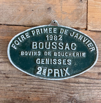 Franse prijs plaquette 1982, vintage metalen plaquette, groene metalen plaquette, decoratief metalen wandobject, antieke prijs plaquette, Frans vintage decor, metalen wanddecoratie, 1980s vintage decoratie