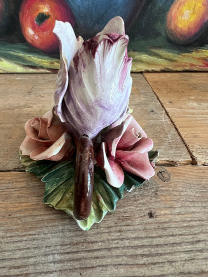 Capodimonte Bassano kandelaar met bloem en rozen
