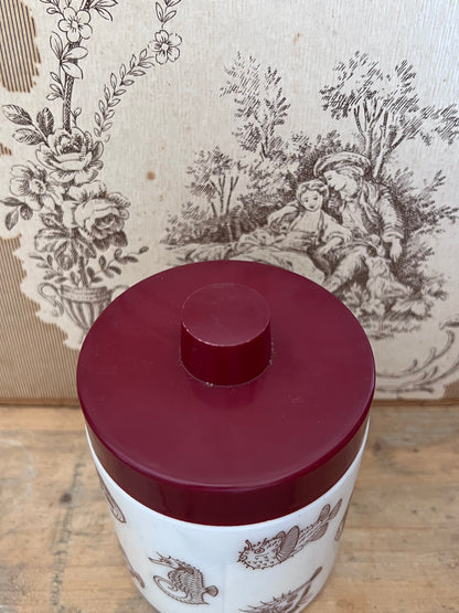 Jaren 70 voorraadpot, Douwe Egberts mocca pot, vintage voorraadpot, opaline glas voorraadpot, jaren 70 keukenaccessoire, retro voorraadpot, melanine deksel pot, vintage koffiepot, zeedieren opdruk voorraadpot, nostalgische voorraadpot.