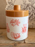 Jaren 70 voorraadpot, Douwe Egberts mocca pot, vintage voorraadpot, opaline glas voorraadpot, jaren 70 keukenaccessoire, retro voorraadpot, melanine deksel pot, vintage koffiepot, zeedieren opdruk voorraadpot, nostalgische voorraadpot.
