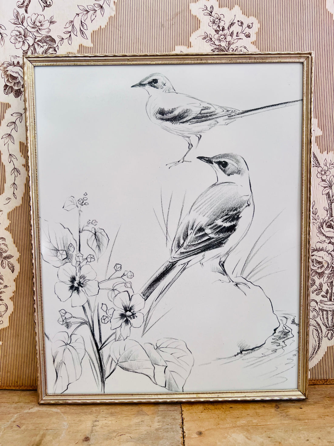 vintage fotolijst, zwart-wit illustratie, vogel illustratie, vintage decoratie, retro fotolijst, zwarte fotolijst, nostalgische woondecoratie, vintage vogel illustratie, decoratieve fotolijst, sfeervolle wanddecoratie.