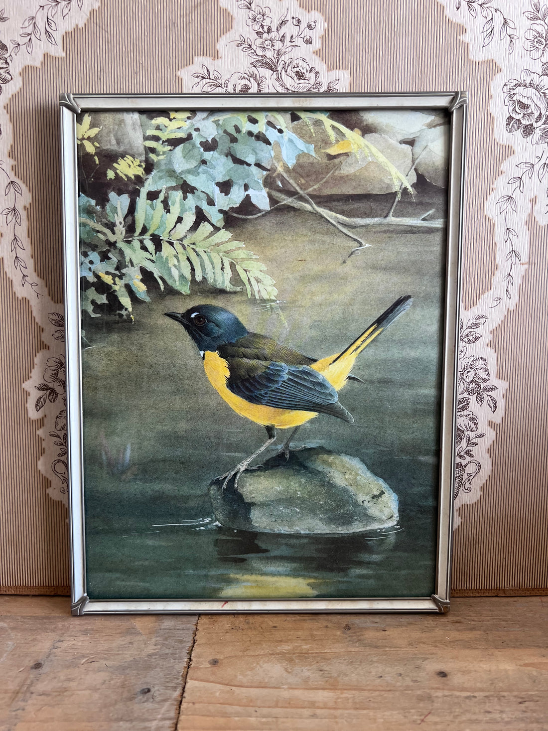 vintage fotolijst, fotolijst vogel, vogel bij de waterkant, vintage woondecoratie, retro fotolijst, natuurlijke woondecoratie, vintage muurdecoratie, vogel afbeelding fotolijst.