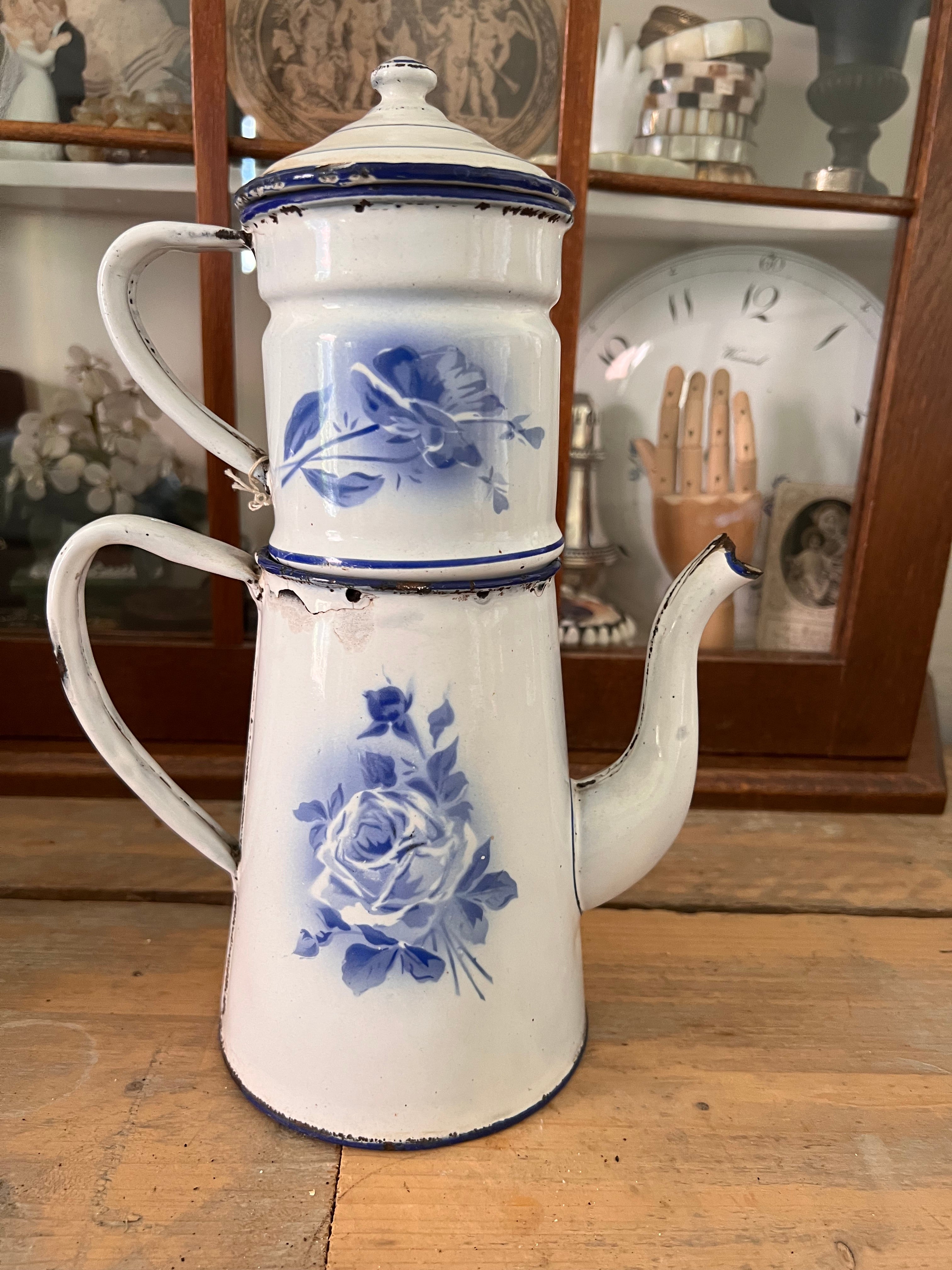 Emaille koffiepot blauw/wit