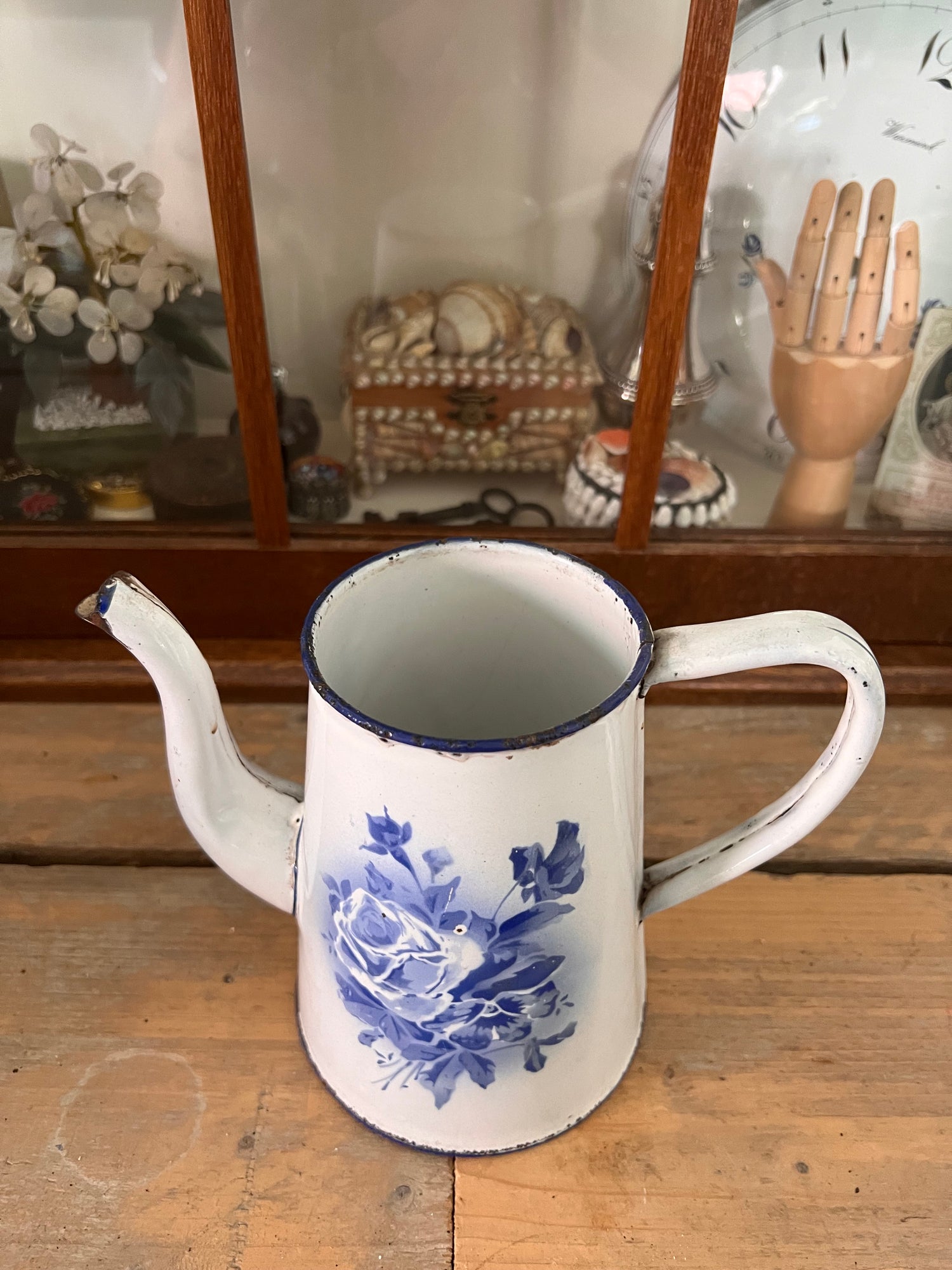 Emaille koffiepot blauw/wit