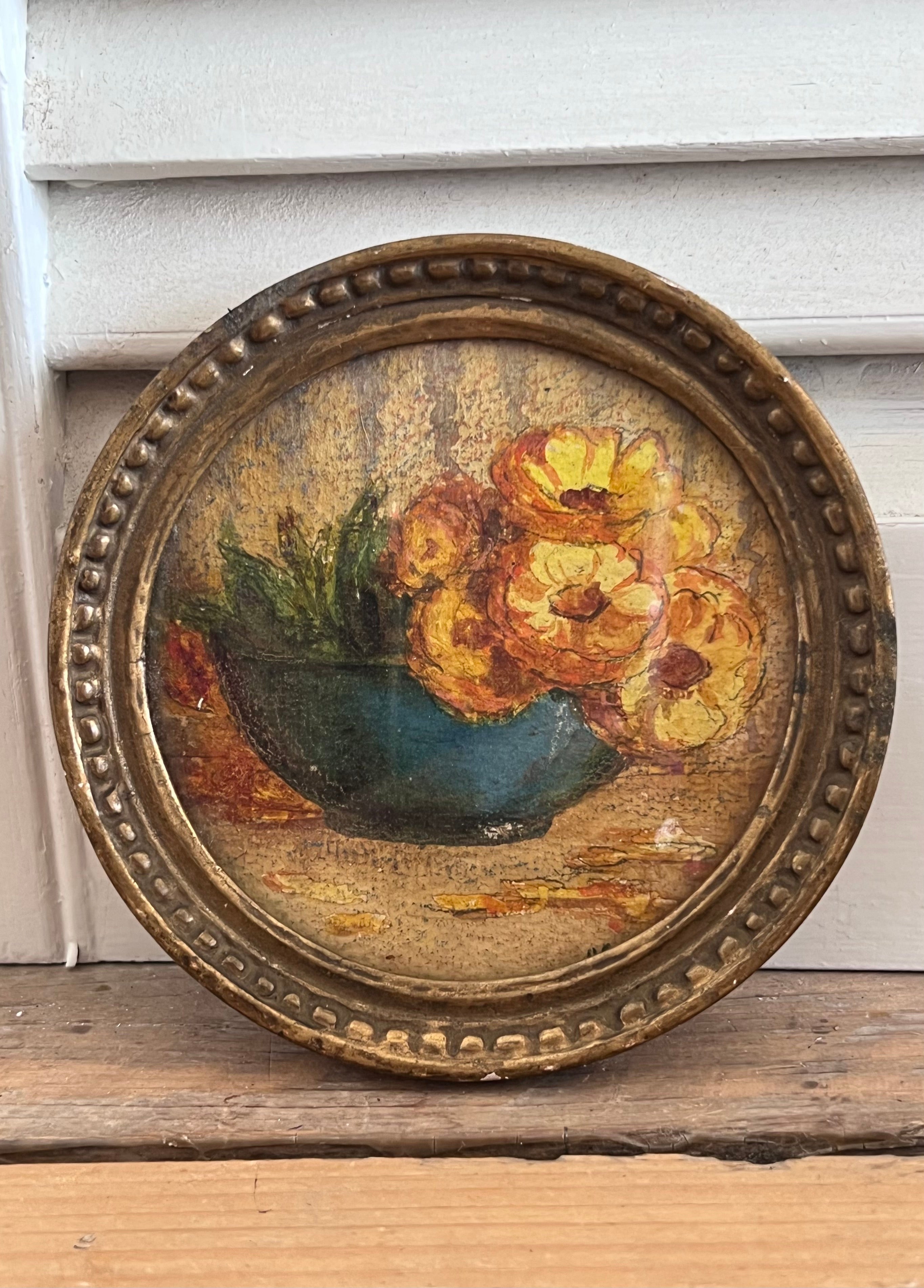&amp;nbsp;antiek lijstje bloemenprentje, rond vintage lijstje, bloemenprentje antiek, antieke decoratie met bloemen, vintage ronde lijst, oud lijstje met bloemenprints