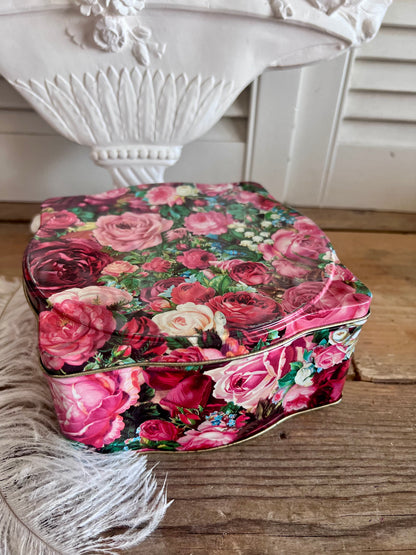 vintage blik rozen, vintage blik Engeland, jaren 90 blik, retro blik met bloemen, Engels vintage blik, decoratief blik rozen, verzamelobject blik, nostalgisch blik met rozen.